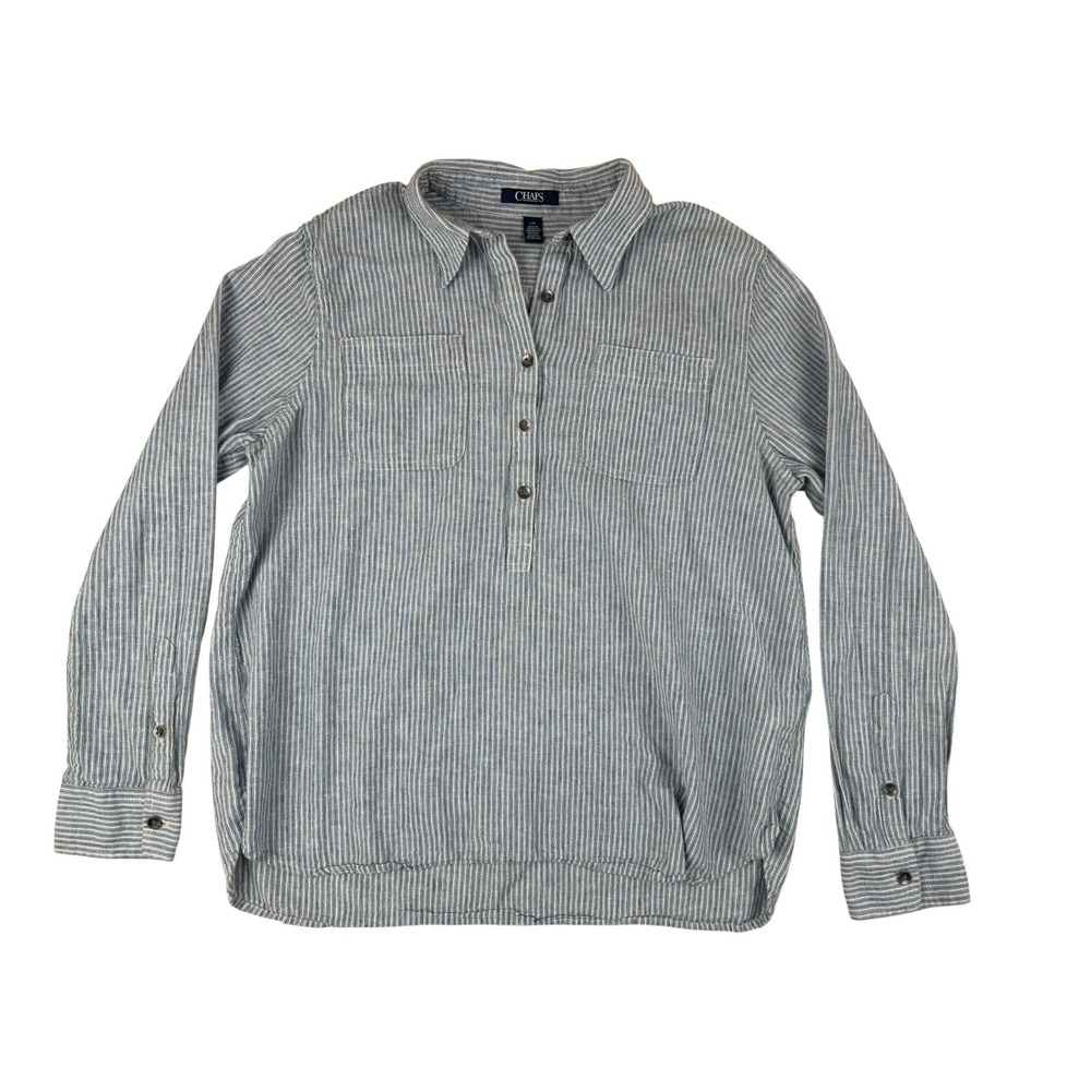 Chaps Linen Blend Striped Popover Shirt Women's L Blue Coastal Cottagecore